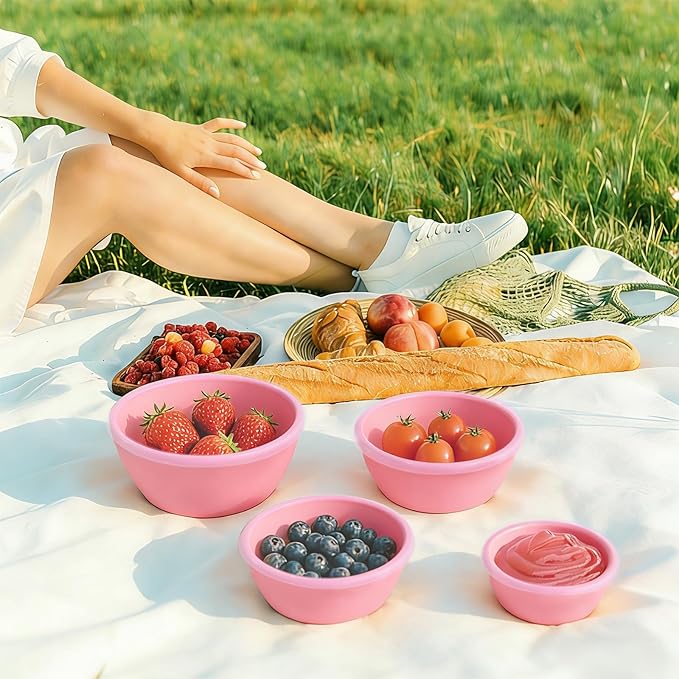 4-Piece Classic Plastic Prep Bowls with Lids, Nesting Plastic Small Mixing Bowl Set for Mixing, Baking, Prepping, Cooking and Serving Food, Microwave and Dishwasher Safe (Pink)