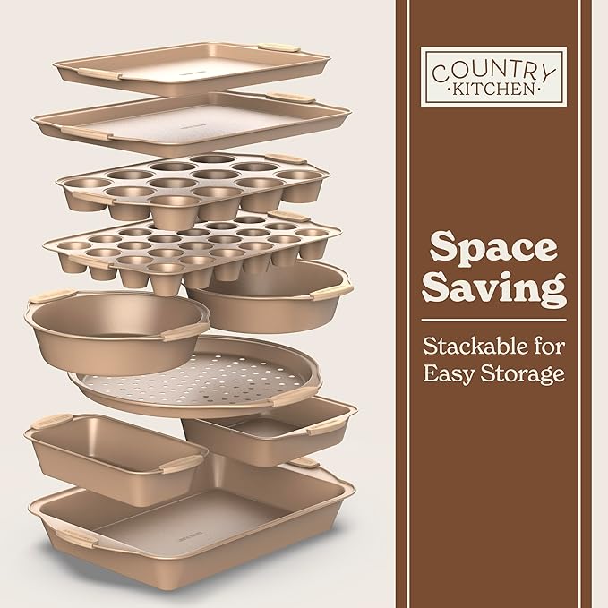 Country Kitchen Nonstick Stackable Bakeware Set - Heavy Duty, Durable, Easy Release Baking Set, Gold, 10 Pcs