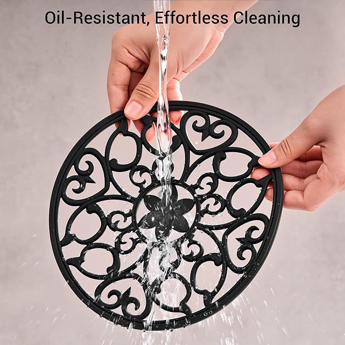 SMARTAKE 3 Set Silicone Trivet Mats, Multi-Use Carved Trivet Mat, Insulated Non-Slip Durable Kitchen Mats, Flexible Modern Kitchen Table Mat, for Hot Dishes, Pots, Dining Countertop, Black