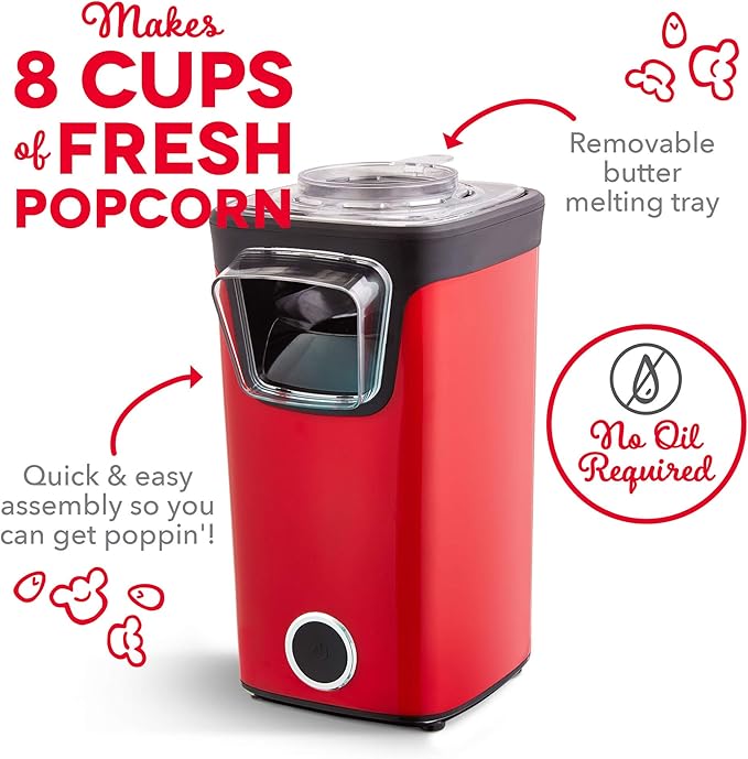 Dash Turbo Pop Popcorn Maker - Theater-Style Popcorn Machine - Comes with Measuring Cup & Butter-Melting Tray - Convenient, Space-Saving Design - 8 Cups, Red