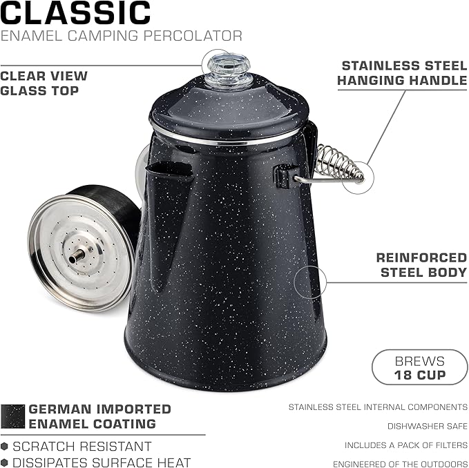 COLETTI Classic Percolator Coffee Pot — The Most Nostalgic Camping Coffee Pot, Now Modernized [Black Enamel, 18 Cup]