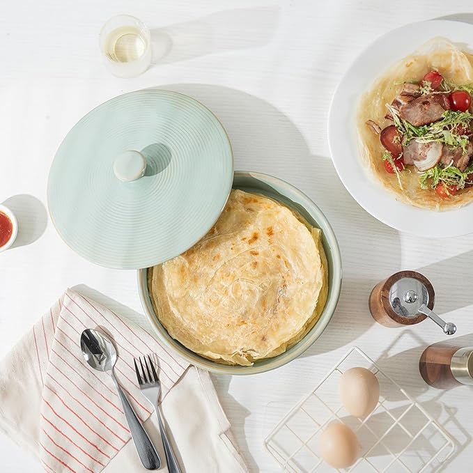 2 Pcs Tortilla Warmer, 9 inch Ceramic Tortilla Holder with Lids, Embossed Taco Holder Oven Microwave Safe, Green Pancakes Warmer for Taco, Pancakes, Waffles, Keep Tortillas Warm