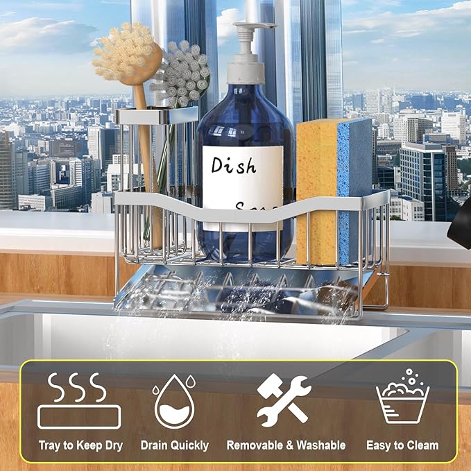 Maifan Sink Caddy Sponge Holder for Kitchen with Brush Holder and Stainless Steel Self Drain Tray, Rustproof Kitchen Sink Organizer for Sponge, Soap Dispenser Storage Accessories
