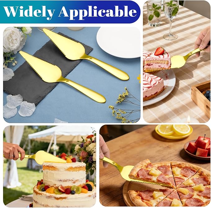 Eisinly Cake Pie Server Set for Wedding, Elegant Pizza Slicer Server Set with Stainless Steel Big Serrated Edges, Cake Cutter Pie Spatula for Birthday Anniversary, 2 Pcs, Gold