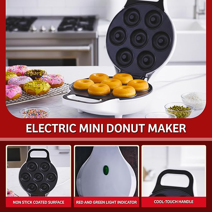 Mini Donut Maker, Durable, Nonstick Easy to Use Mini Baking Machine - Cooks 7 Mini Doughnuts at a Time - Glazed, Frosted with Sprinkles, Nuts, or Vegan Donuts, & More (White)