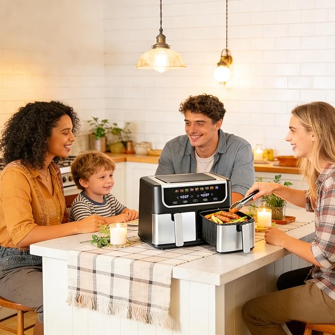 2 Baskets Air Fryer 9.5 QT, 10 in 1 Dual Air Fryers with Ceramic Crisper Plate, 80-450°F Wide Temp, Smart Cooking Mode with Match & Sync Cook, Shake Reminder, Roast, Defrost, Bake, Black