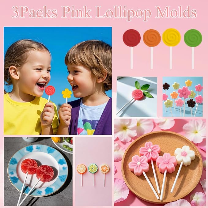 3Pcs Lollipop Mold Kit, 36 Capacity CHELIZIYA 3 Shapes Pink Silicone Candy Molds, Non-Stick Silicone Flower Chocolate Mold with 100Pcs Sticks, 100Pcs Bags, 100Pcs Ties for Party