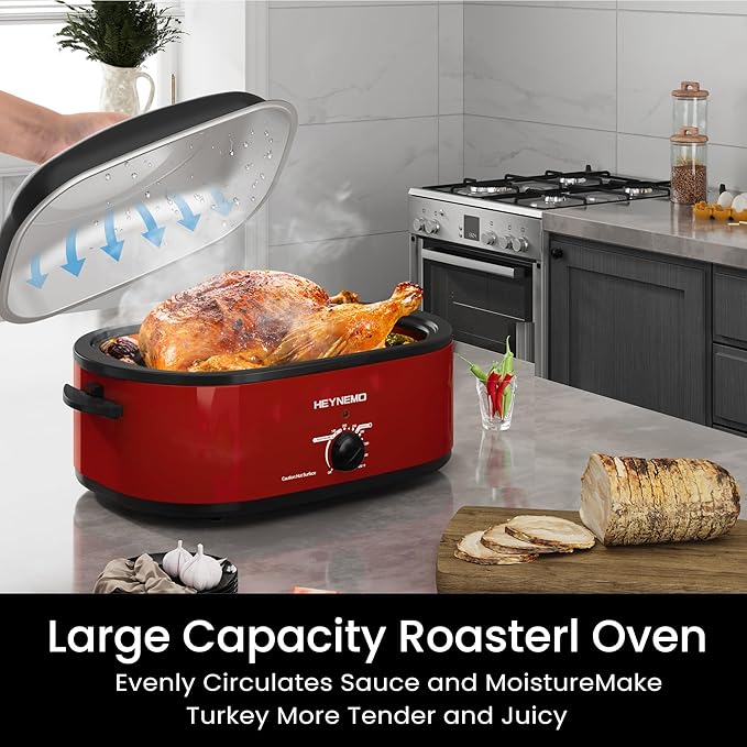18 Quart Roaster Oven with Self-Basting Lid, Electric Turkey Roaster Oven with Defrost & Warm Function, Adjustable Temperature, Removable Pan & Rack, Stainless Steel, Red