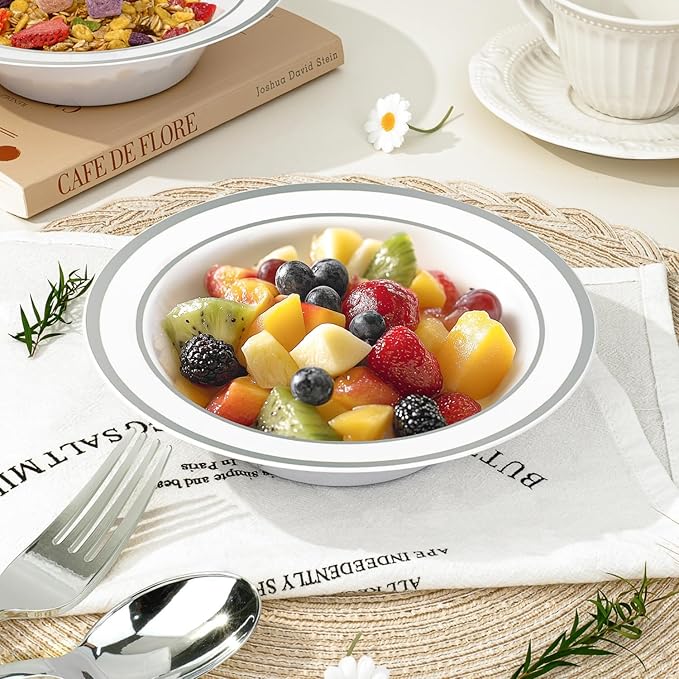 BESTVIP 50 Pack Plastic Bowls with Silver Rim, 12 oz Disposable Soup Bowls, Heavy-duty Dessert Salad Bowl for Party, Wedding, Christmas, Thanksgiving Catering and Dinner