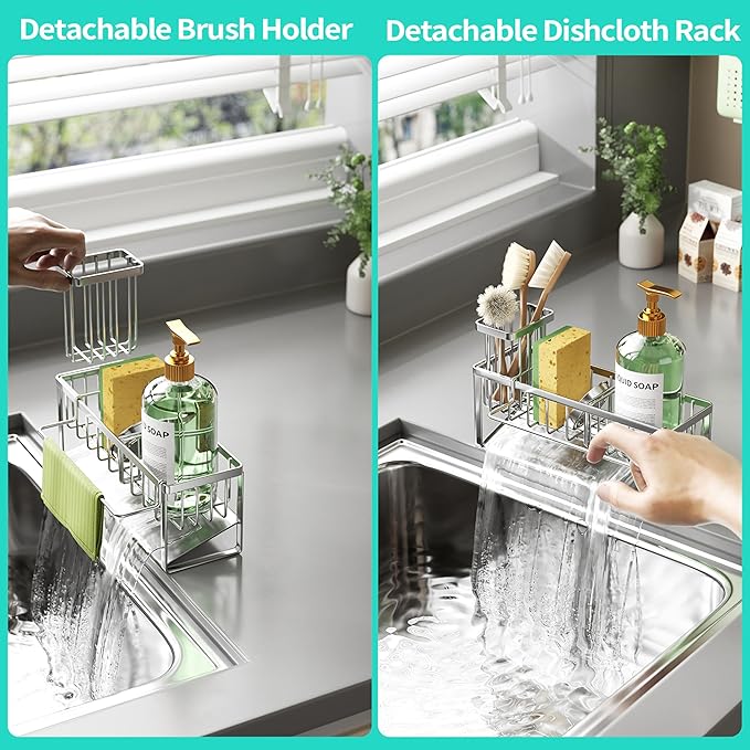 HapiRm Sponge Holder for Kitchen Sink - Self-draining Sink Caddy with Brush and Dishcloth Holders with Sloping Drainage - Silver