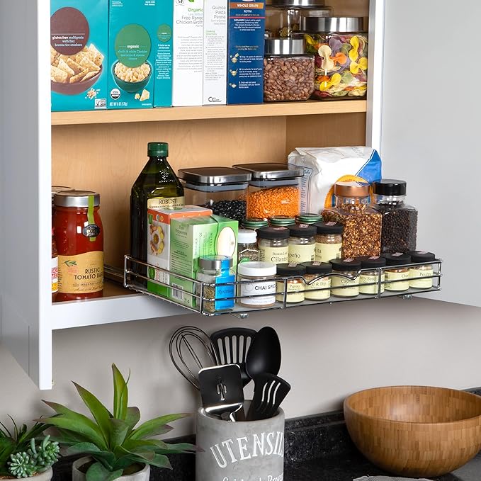 Pull-Out Cabinet Spice Rack Organizer - Slim Slide-Out Storage for Spices, Bottles & Jars, Premium Heavy-Duty Steel, Easy Install for Narrow Kitchen Cabinets - 18 ⅜ W x 10 ½ D x 2 ¾ H, Chrome