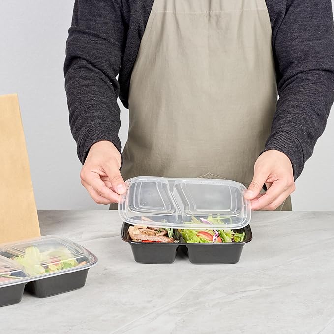 Restaurantware Asporto 32 Ounce Compartment Take Out Boxes 100 Microwavable Meal Prep Containers - 2 Compartments With Clear Plastic Lids Black Plastic Food Containers Do Not Contain BPA
