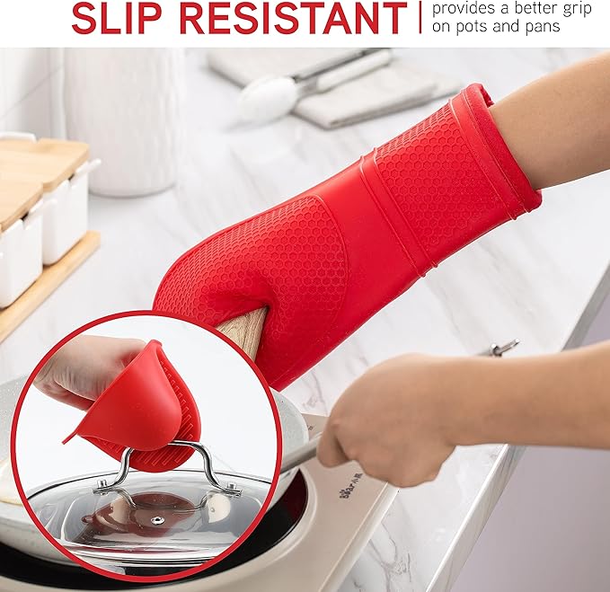COOK WITH COLOR Silicone Oven Mitts- Heat Resistant Gloves with Soft Quilted Lining Oven Mitt Pot Holders for Cooking and BBQ, Red, Mitt Set