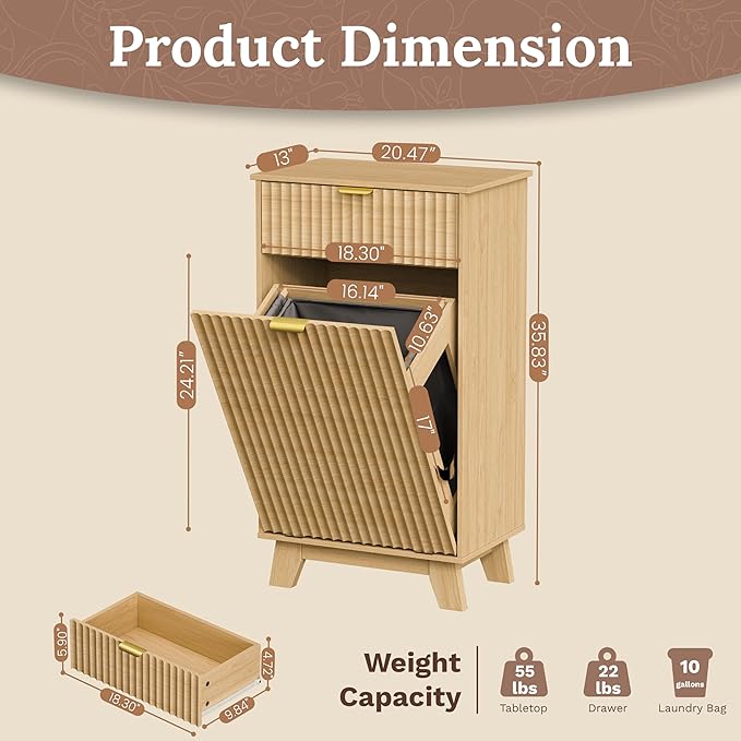 Modern Tilt Out Laundry Hamper Cabinet, 10 Gallon Wooden Trash Can Cabinet with Storage Drawer, Hidden Fluted Bathroom Storage Cabinet for Kitchen, Living Room (Natural Wood, 20.47"W x 35.83"H x 13"D)