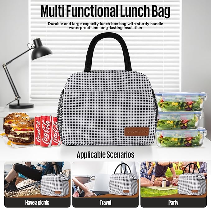 douyadady Lunch Bag Women/Men Lunch Box Women/Men (Black+White Grid)