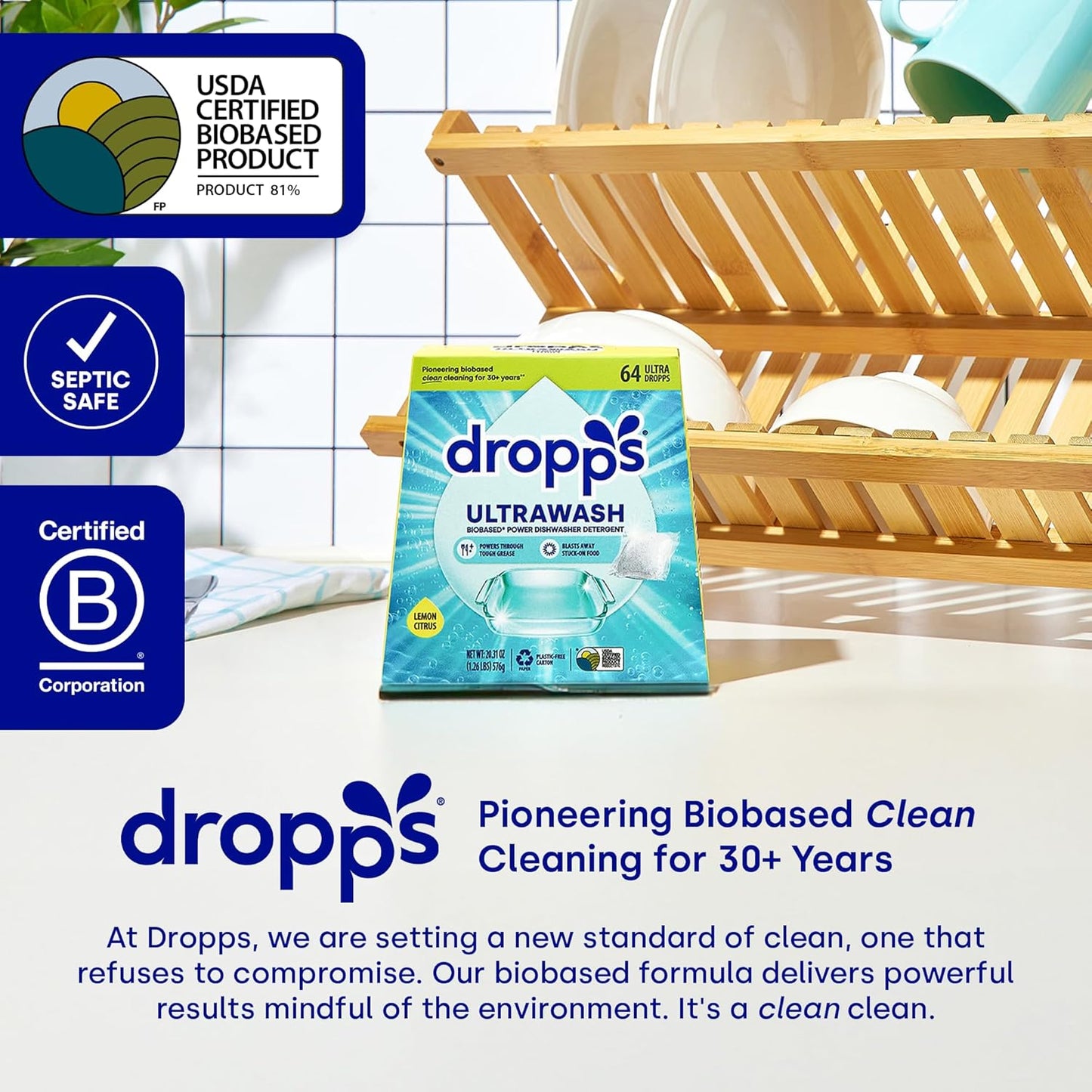 Dropps UltraWash Dishwasher Pods, Fresh Rain (120 Count) - Biobased Power Deep Clean Dishwasher Detergent Tablets for Sparkling Shiny Dishes - No Rinse Aid or Pre-Wash Needed - Dishwashing Pods