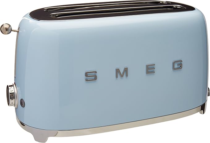 Smeg 50's Style Retro Aesthetic 4 Slice Toaster 6 Presets with 2 Extra Wide Slots, Pastel Blue