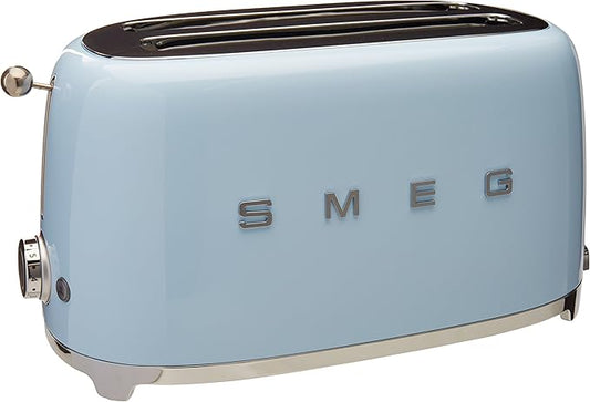 Smeg 50's Style Retro Aesthetic 4 Slice Toaster 6 Presets with 2 Extra Wide Slots, Pastel Blue