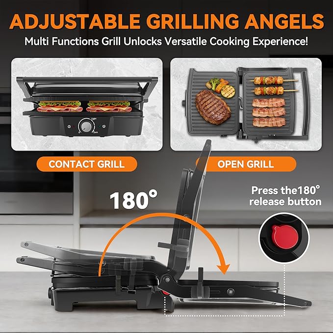 Baker’s Friend Panini Grill Press Sandwich Maker, 4-Slices Panini Press Maker, Grill Cheese Sandwich Maker, Indoor Grill Electric, Non Stick Surfaces, Stainless Steel