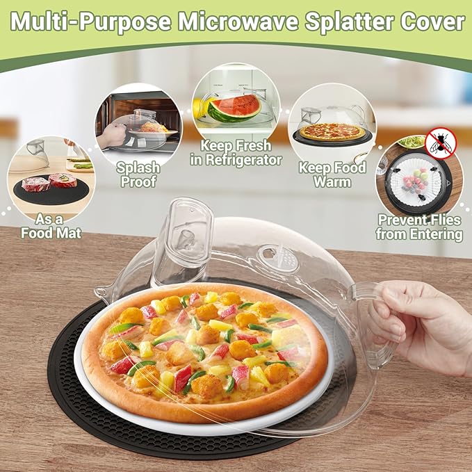 Microwave Splatter Cover for Food, Clear Microwave Lid with Water Steamer, Integrated Handle, Splatter Guard, 10” Plate Covers & 12" Mat, BPA-Free, Essential Kitchen Gadgets and Accessories