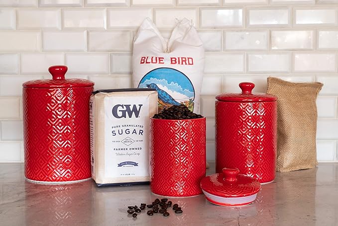 10 Strawberry Street CAN RED Diamond Kitchen Canister Set, Set of 3, Model:CAN-DIAMOND-RED-SET