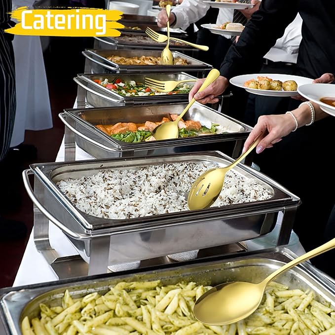 Large Gold Serving Utensils Set of 8, E-far Stainless Steel 9.8 Inch Serving Spoons Slotted Spoon, 9.9 Inch Forks, 9.4 Inch Tong for Buffet Catering, Mirror Finish & Dishwasher Safe
