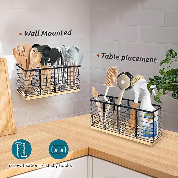 Suli Extra Large Kitchen Utensil Holder Countertop with 4 Compartments,Matte Black Metal holder with Wooden Base for Countertop,Farmhouse Utensil Organizer for counter,Rustic Cooking Utensil Organizer