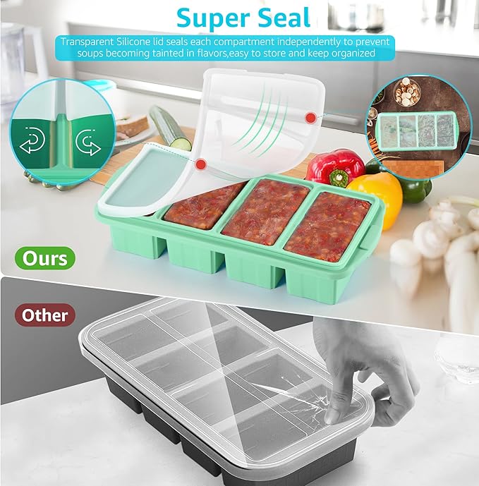 Ztomine Silicone Freezer Tray With Lid - Silicone Freezer Food Molds- Large Ice Cube Tray,Silicone Freezer Container,Freeze & Store Soup, Sauce, Broth,Leftovers - Makes 4 Perfect 1 Cup