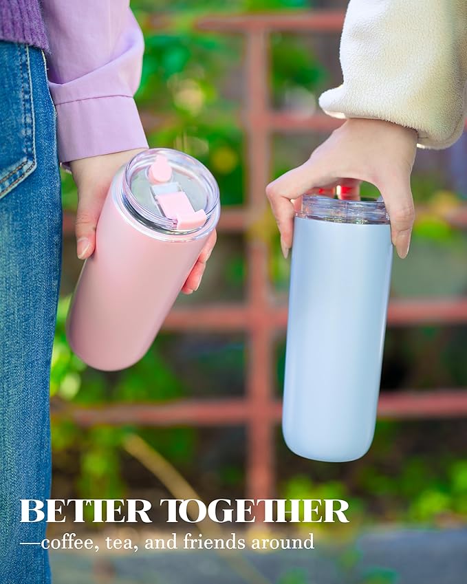 16 oz Insulated Coffee Tumblers, Travel Coffee Tumblers with Straw, Double-Wall Stainless Steel Tumbler, Leak Proof Tumbler, Reusable Cups with Lids for lced and Hot Drinks (Blue)