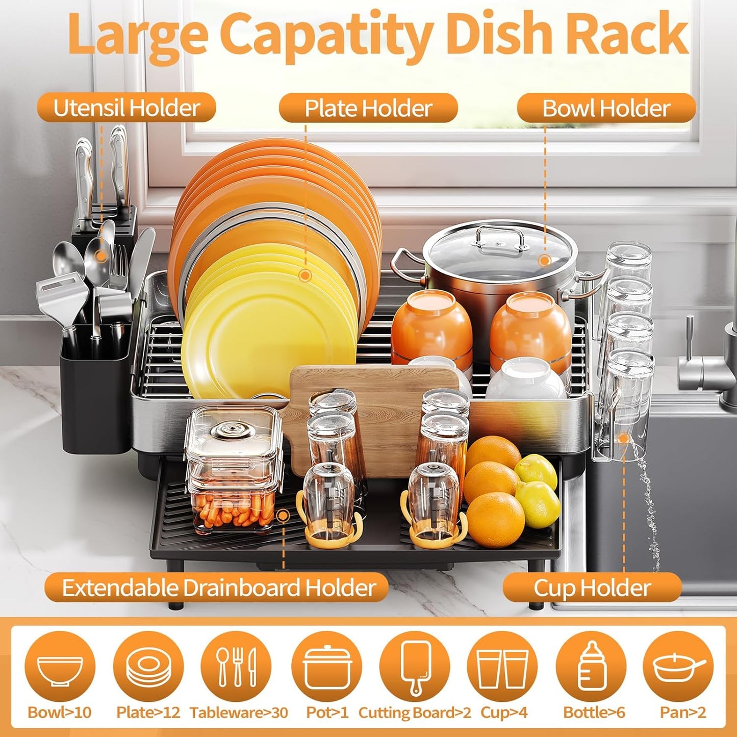 Dish Rack for Kitchen Counter, 304 Stainless Steel Dish Drying Rack, Expandable Dish Drainer, Foldable Dish Strainer with Cutlery Holder, Kitchen Plate Rack (Black, Large Size)