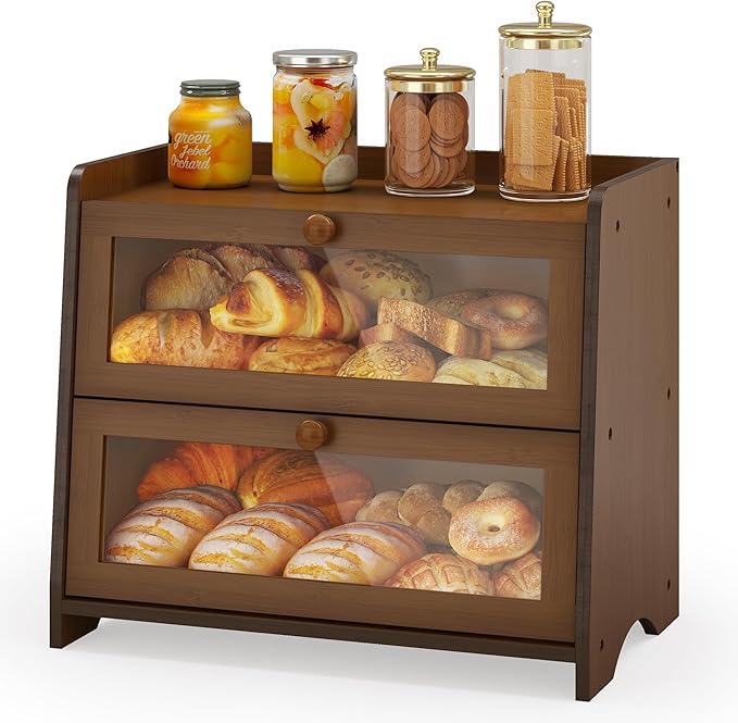 JANSNIMEN Double Layer Bread Box for Kitchen Countertop, Large Breadbox Bread Container Storage with Acrylic Door, Wooden Farmhouse Bread Holder (Brown, Medim-15.7" L x 9.5" W x 13" H)