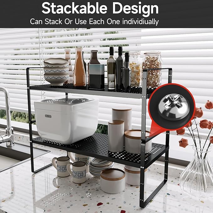 2Pack Expandable Cabinet Countertop Shelves 16.5-27’’L, Adjustable Metal Spice Rack Organizer, Stackable Kitchen Counter Storage Shelves Organizers for Cabinet Organization, Black