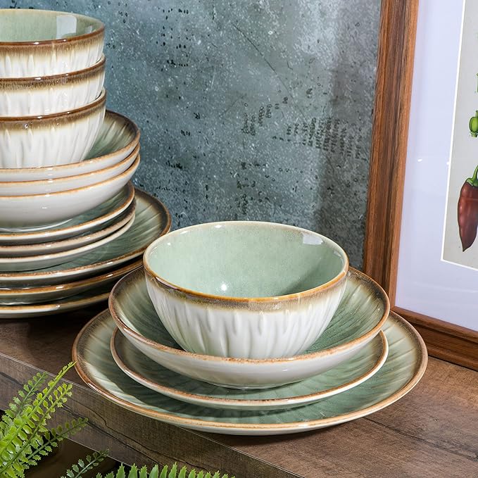 Gibson Elite Mayfair Bay 16-Piece Embossed Double Bowl Dinnerware Set, Service for 4 – Green Stoneware Plates and Bowls