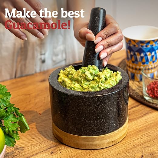 PriorityChef Heavy Duty Mortar and Pestle Set with Bamboo Base, 100% Natural Granite Stone Grinder, Guacamole Bowl and Masher, 1.5 Cups, Black