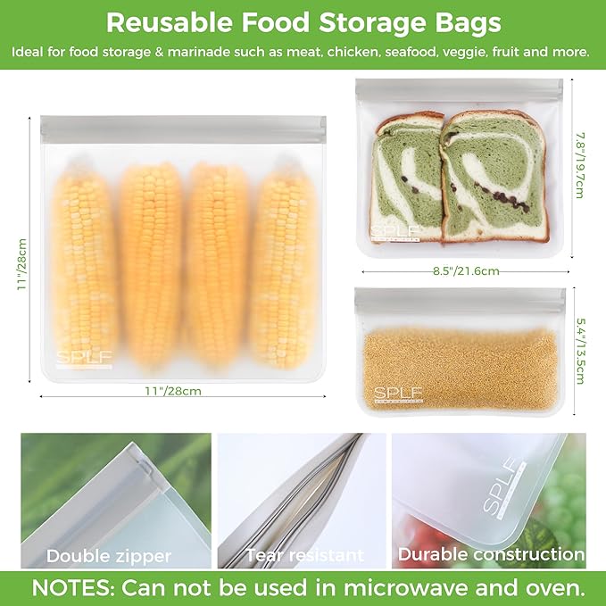 SPLF 18 Pack BPA FREE Reusable Storage Bags (6 Gallon Freezer Bags, 6 Sandwich Bags, 6 Snack Bags), Extra Thick Leakproof Silicone and Plastic Free Lunch Bag