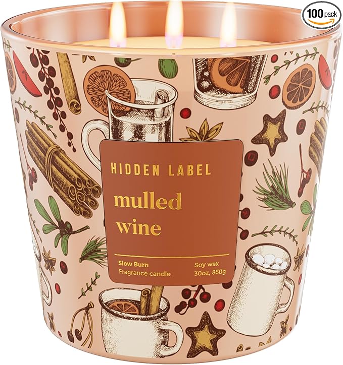 Hidden Label Mulled Wine Scented Candle for Home, 30oz Large 3 Wick Soy Candle, 100H Long Lasting, Cinnamon Orange Clove, Non-Toxic Clean Burn, Christmas Winter Gifts for Women, Holiday Gift