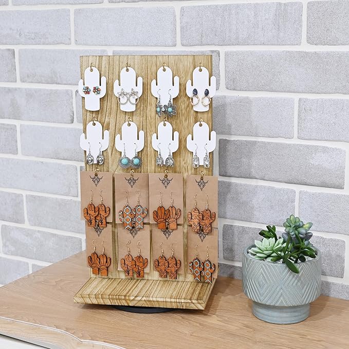 Ikee Design Wooden Rotating Two-Sided Jewelry Display Stand, Rotating Organizer with 32 Hooks for Store, Earring Keychain Display with Hooks, Oak color, 9" W x 7.5" D x 16.5" H