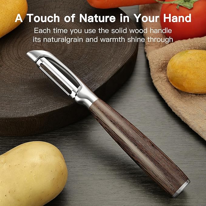 JUSEEPO Premium Vegetable Peeler, I Type Swivel 304 Stainless Steel Blade Comfortable Solid Wood Handle, Practical Gift for Restaurant Baking Chef Woman for Veggie, Fruit, Potato(Black Walnut)