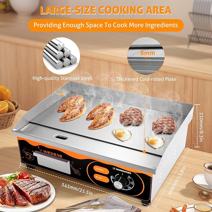 WICHEMI 22" Electric Grill Commercial Countertop Griddle Flat Top Grill Hot Plate Non-Stick Stainless Steel Teppanyaki Grill for Restaurant Kitchen, 110V 3000W