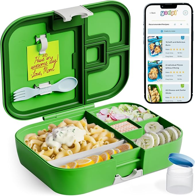 YOOPI Lunch Boxes for Kids–Toddler Bento Box with 4 Leakproof Compartment Food Bentobox Container,Lunch Box for School with Lunchbox Containers, Lightweight Sandwich Box & Snack Box (Green)