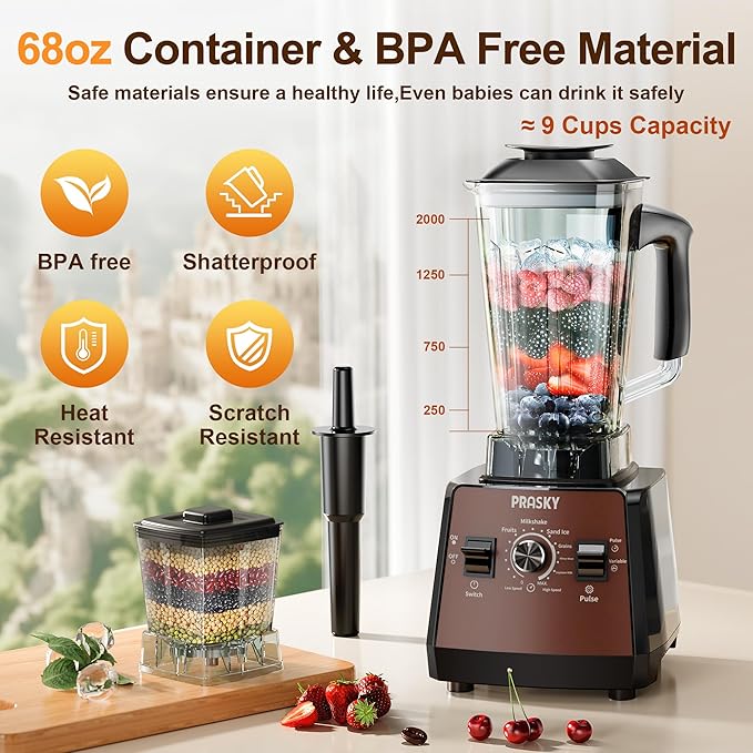 Blenders for Kitchen, Smoothie Blender, 2400W/1000W Prasky Blender & Grinder Combo, 25,000 RPM High Speed, 68oz BPA-Free Food Processor, Countertop Blender for Smoothies, Shakes & Food (Brown, 2L)