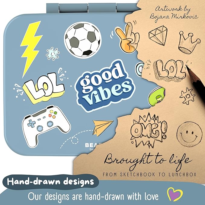 BEARFOOT Kids Lunch Box with Compartments – Compact & Lightweight | Leak-Proof, BPA-Free, Dishwasher & Microwave Safe | Hand-Drawn Design for Preschool, School, Travel (Sticker Blue, 2.75 Cups)