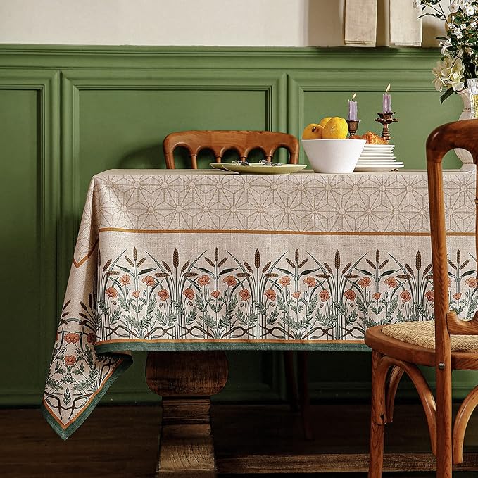 patdrea Designer Linen Vintage Long Table Cloth for Rectangle Table,Light Brown Durable French Floral Tablecloth,Decor Cover for Kitchen Dining,Christmas,Thanksgiving,Party,63"x94"-Cudillero