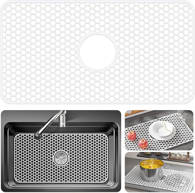 Bestjing Silicone Sink Protectors for Kitchen Sink with Center Drain - 24.8"x 13" Kitchen Protector Accessory, Non-Slip Heat Resistan Mat for Bottom of Farmhouse Stainless Steel Porcelain (White)