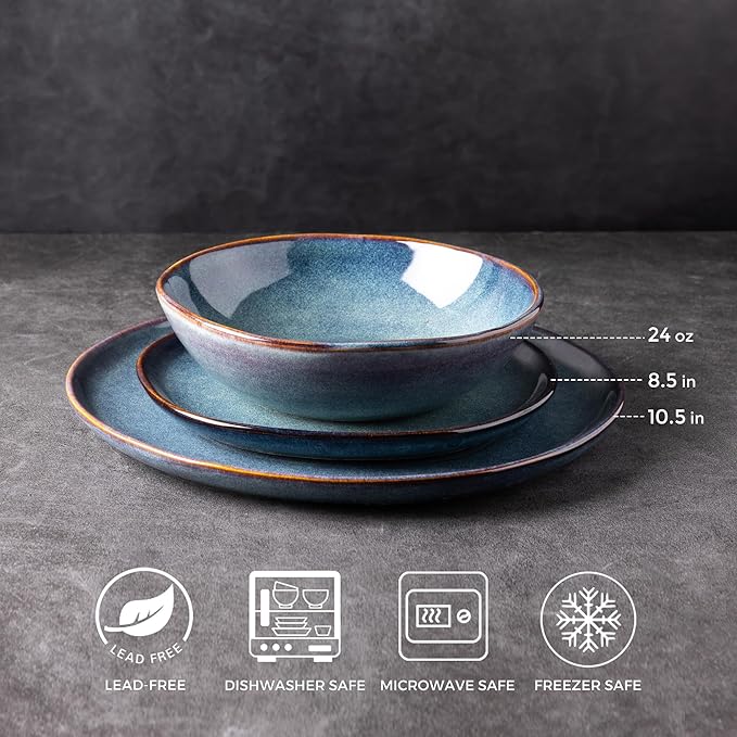 AmorArc Ceramic Dinnerware Sets,Handmade Reactive Glaze Stoneware Plates and Bowls Set,Highly Scratch Resistant | Dishwasher & Microwave Safe,Service for 8 Dishes Set (24pc)