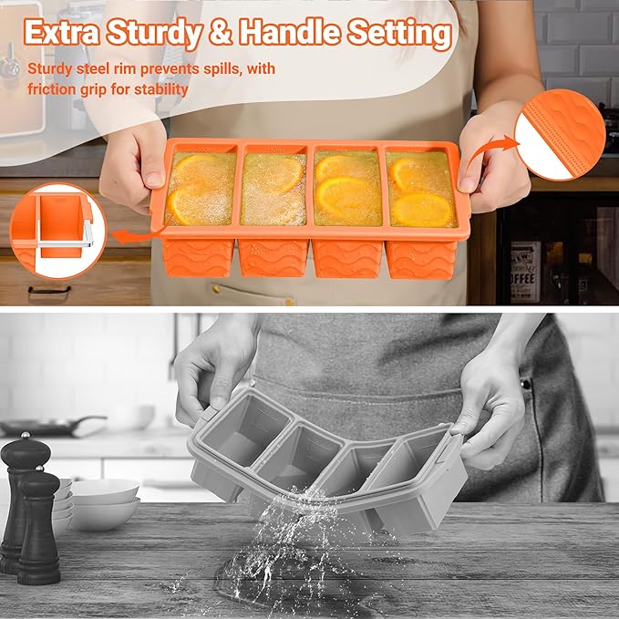 Doasuwish Silicone Freezer Tray for Soup with Lid – 1-Cup Soup Container Style Ice Cube Trays for Freezer, Meal Prep & Food Storage, Freeze 250mL/125mL Portions – 2 Pack