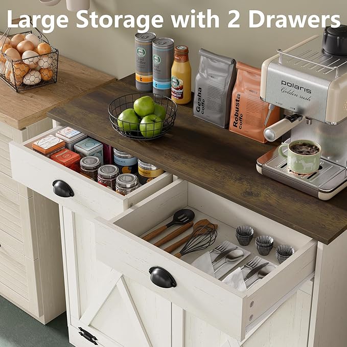 Furniouse Farmhouse Trash Can Cabinet, Double Tilt Out Trash Bin Cabinet with Barn Doors & Hideaway Drawers for Kitchen, Antique White