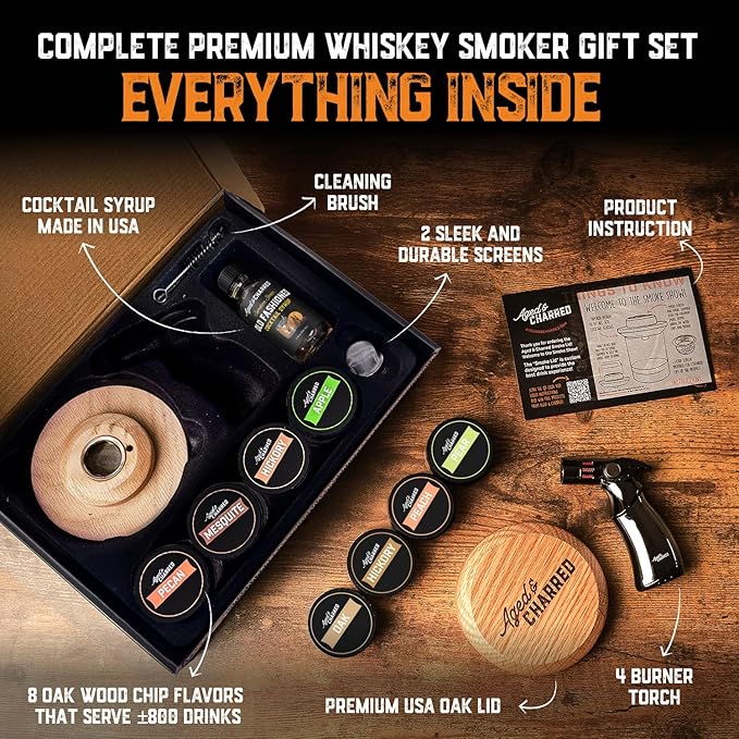 Whiskey Smoker Kit with Torch and Old Fashioned Syrup - 8 Flavors Wood Chips - Bourbon Gifts for Men, Cocktail Smoker kit - USA Oak Smoke Lid (No Butane)