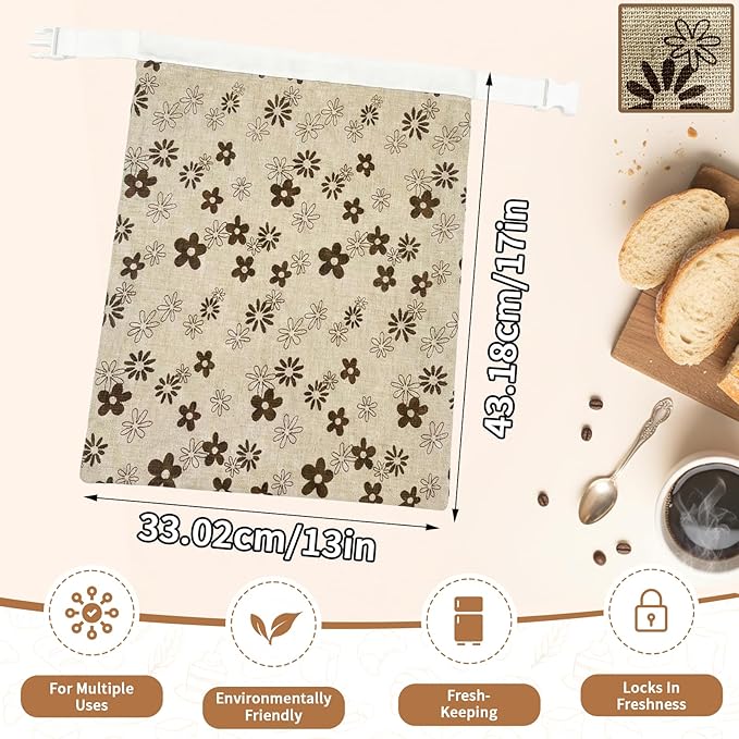 Reusable Beeswax Bread Bags-17"x13" Large Bread Bags for Sourdough & Homemade Cloth BreadBags Keeps Fresh Longer 2Pack (Flower Pattern) | Flower Pattern, Beeswax Bread Bag, Large Size, Zipper, Snap-on