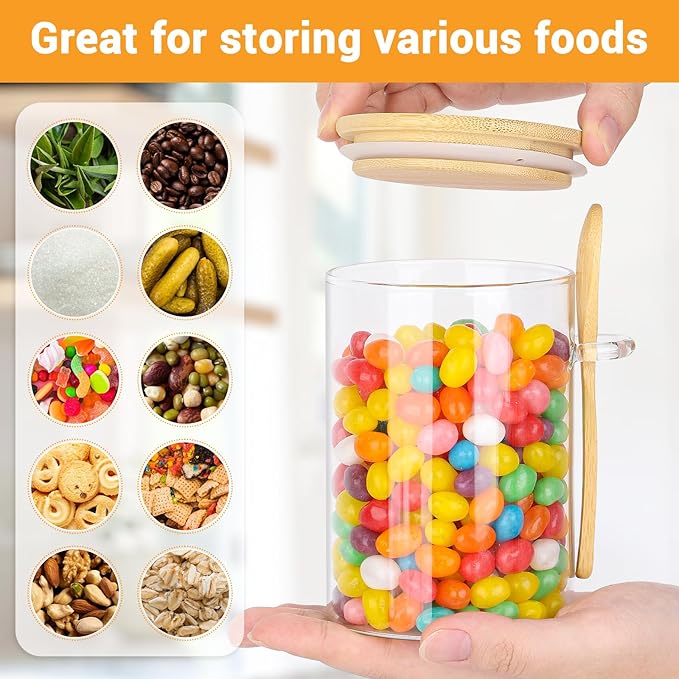 Glass Jars with Airtight Lid - 4 Pack 18 Fl.oz Round Glass Jar with Bamboo Lids and Spoon, Includes Labels and Marker, Coffee Sugar Containers for Spice, Oats, Candy, Cookies, Tea Canister